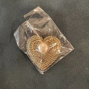 Vintage Gold Heart Brooch with White Stone Pin
